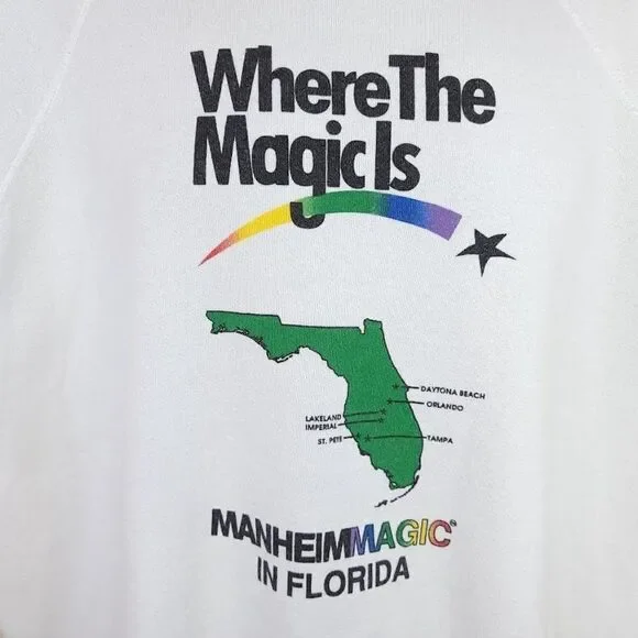 Manheim Florida Surfer Sweatshirt Vintage 90s Where The Magic Is Rainbow Mens
